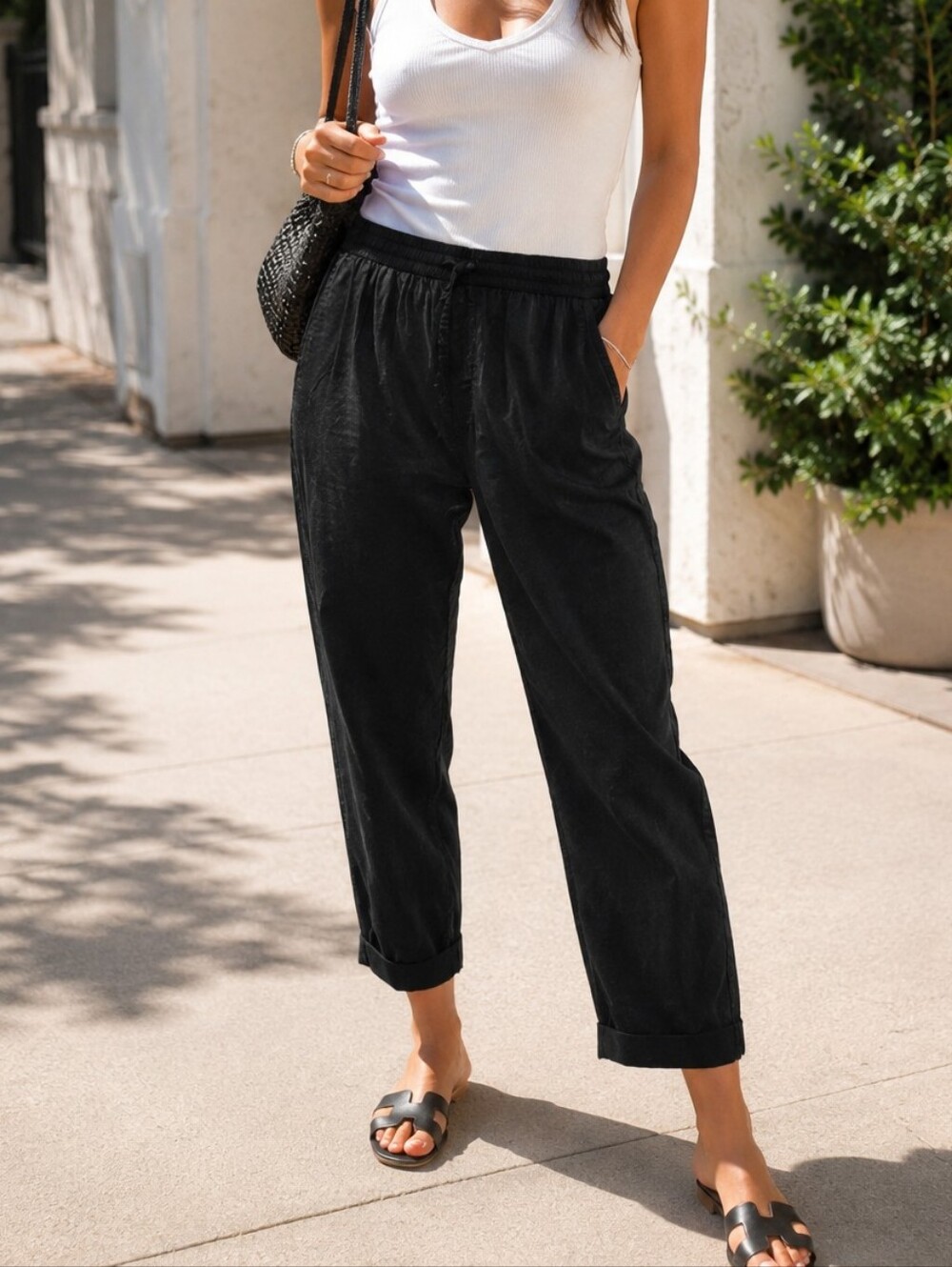 Urban Outfitters Black 100% Cotton Drawstring Crop Pants Lightweight Relaxed